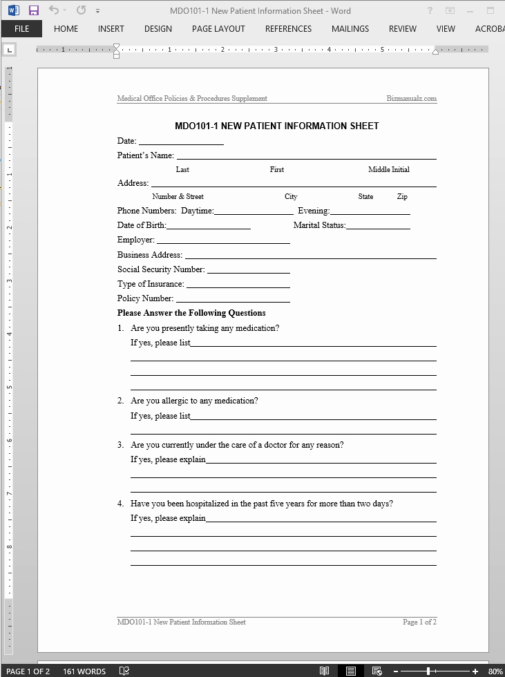 Patient Information form Template Unique New Patient Information Worksheet Template