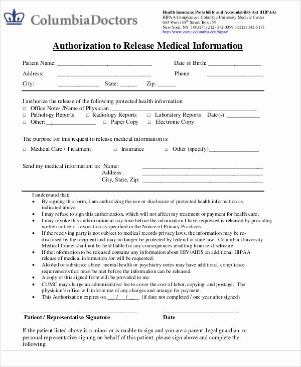 Patient Information Template Fresh Sample Medical Information Release form 7 Examples In