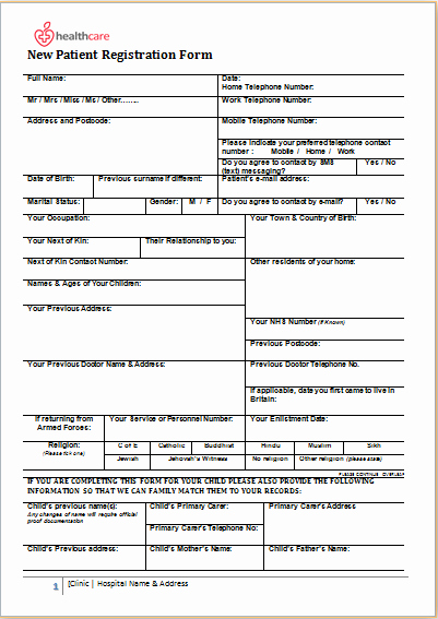 Patient Information Template New Patient Registration form Ms Word