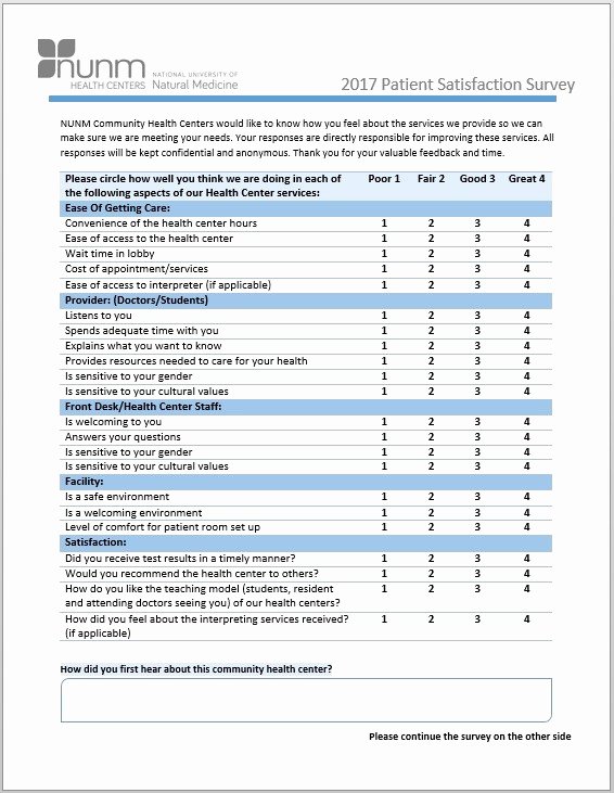 Patient Survey form Awesome Patient Satisfaction Survey Nunm Health Centers