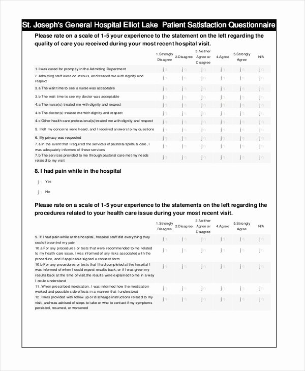 Patient Survey form Best Of Sample Patient Satisfaction Questionnaire forms 9 Free