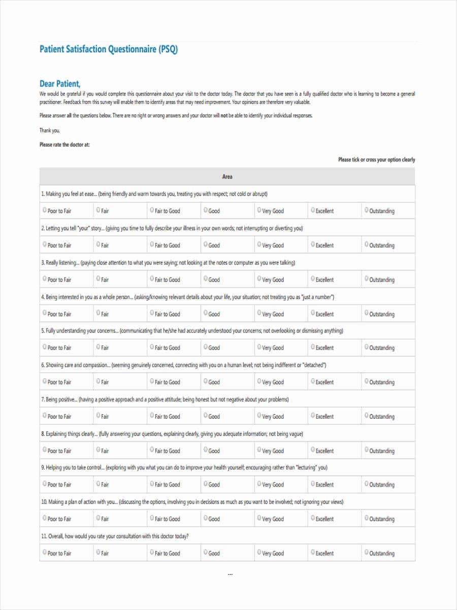 Patient Survey form Elegant 7 Satisfaction Questionnaire form Sample Free Sample