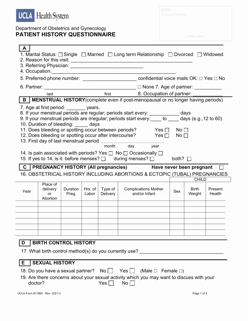 Patient Survey form Unique Patient History form Obstetrics and Gynecology Ucla