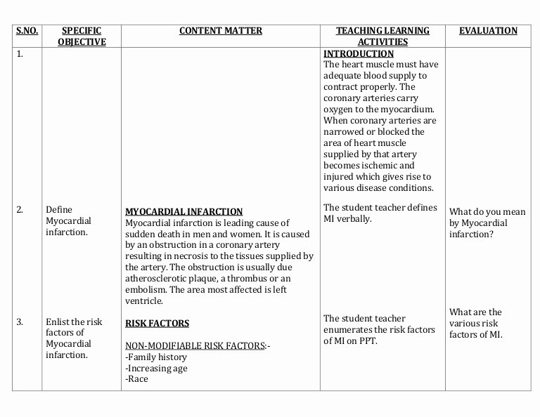 Patient Teaching Plan Examples Best Of Lesson Plan On Myocardial Infarction