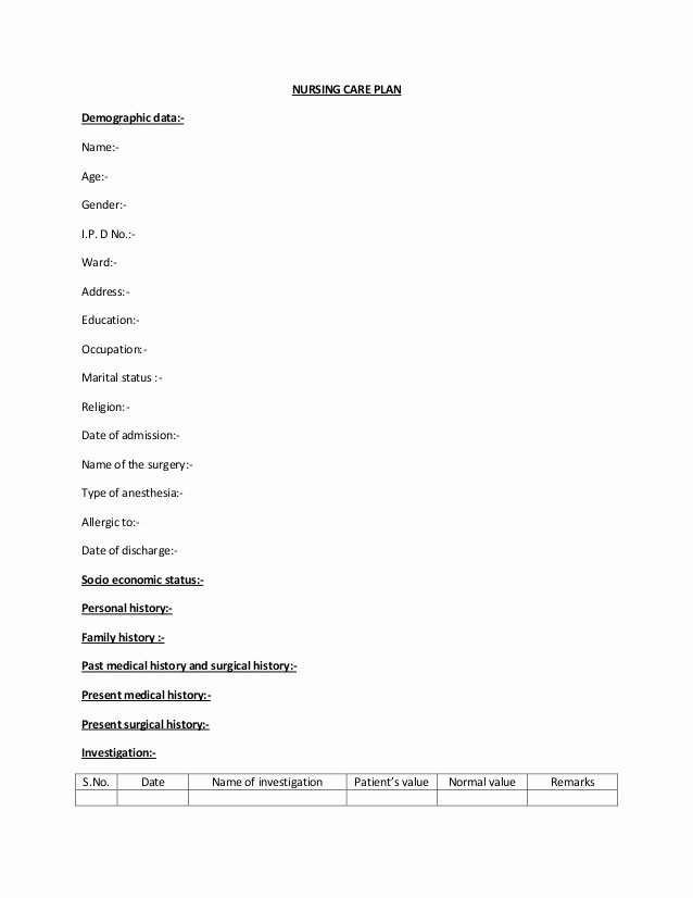 Patient Teaching Plan Examples Unique Nursing Care Plan format