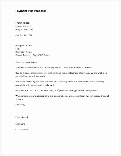 Payment Plan Letter Template Beautiful Payment Plan Proposal Letter to Creditor