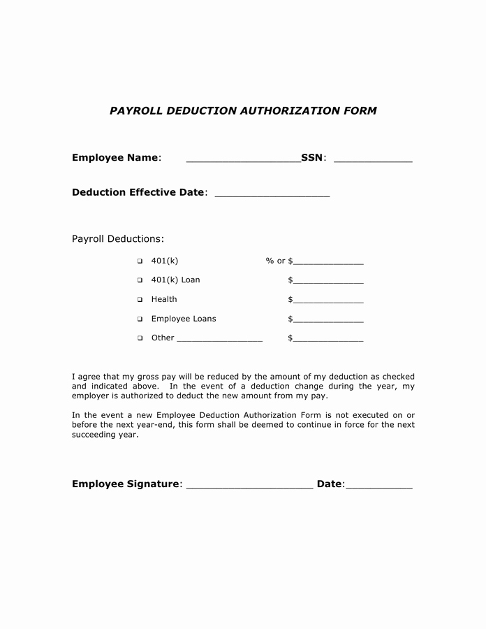 Payroll Deduction form Word Elegant Payroll Deduction Authorization form In Word and Pdf formats