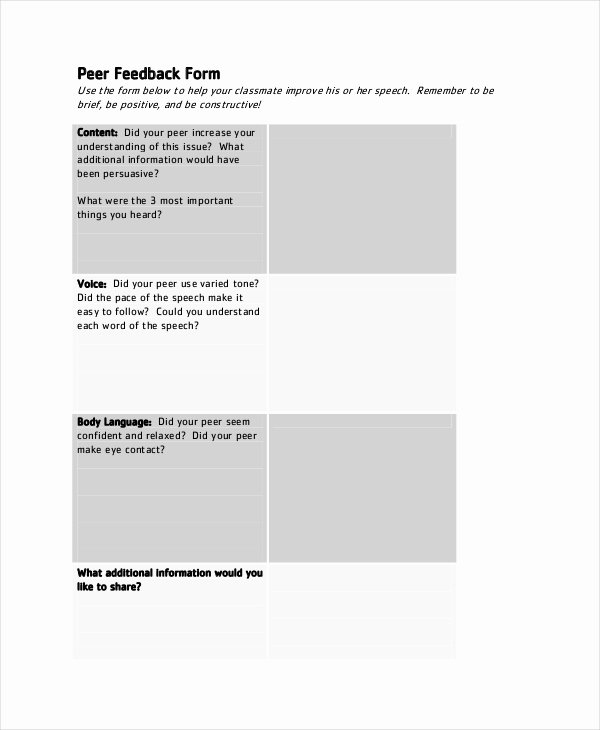 Peer Review Template Elegant 8 Sample Peer Feedback forms Example Sample format