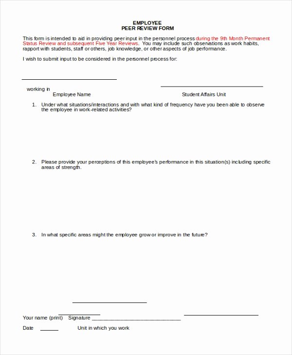 Peer Review Template Unique Sample Employee Review form 10 Free Documents In Doc Pdf