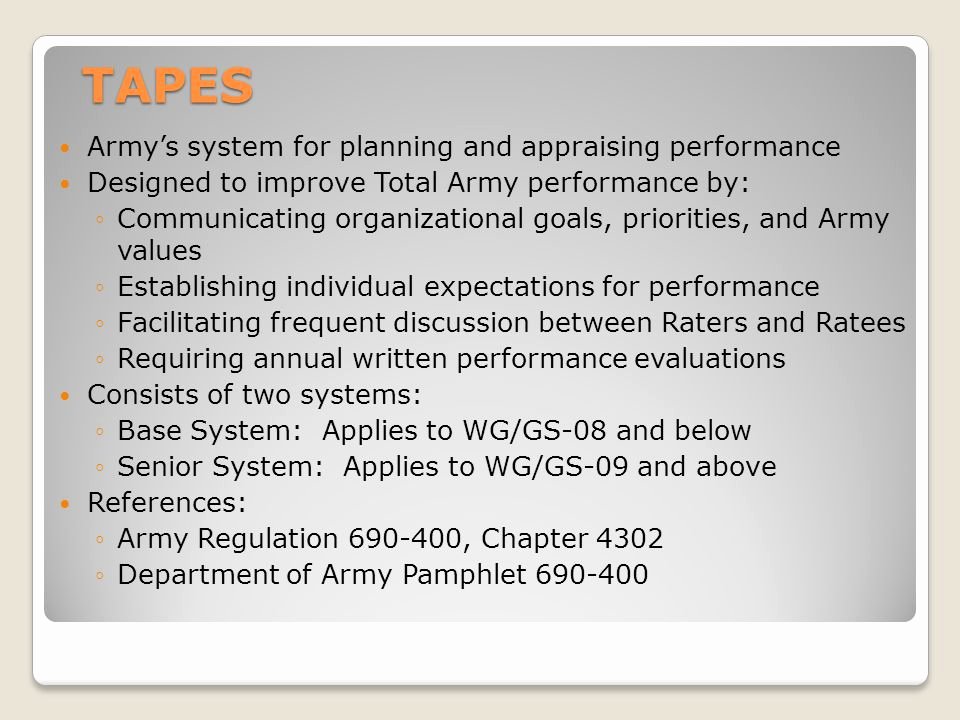 Performance Goals and Expectations Examples Army New total Army Performance Evaluation System Tapes Ppt