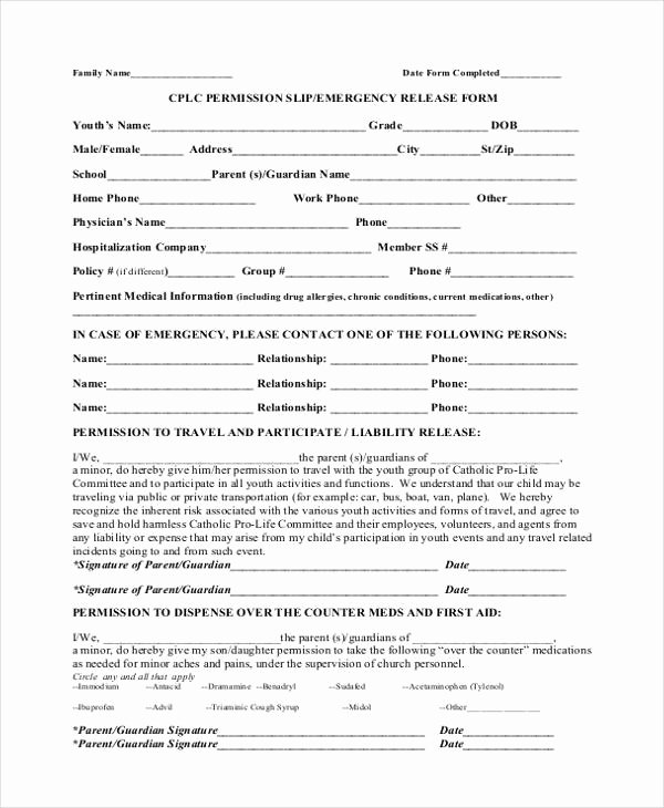 Permission Slips Lds Beautiful Sample Emergency Release form