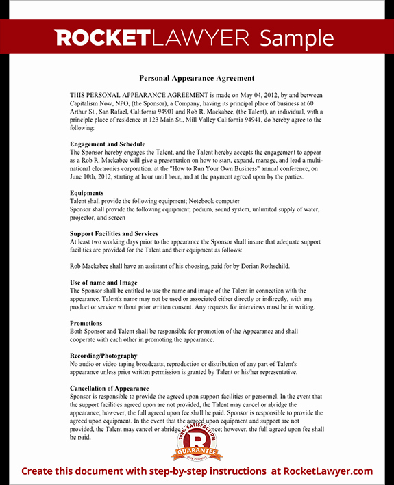 Personal assistant Agreement Awesome Personal Appearance Contract Agreement Free form with Sample