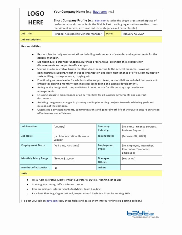 Personal assistant Agreement Inspirational Personal assistant Job Description Template by Bayt