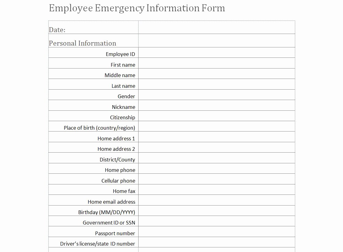 Personal Information Template Excel Best Of Employee Emergency Information form Template