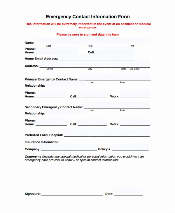 Personal Information Template Excel Fresh 24 Of Emergency Contact form Template