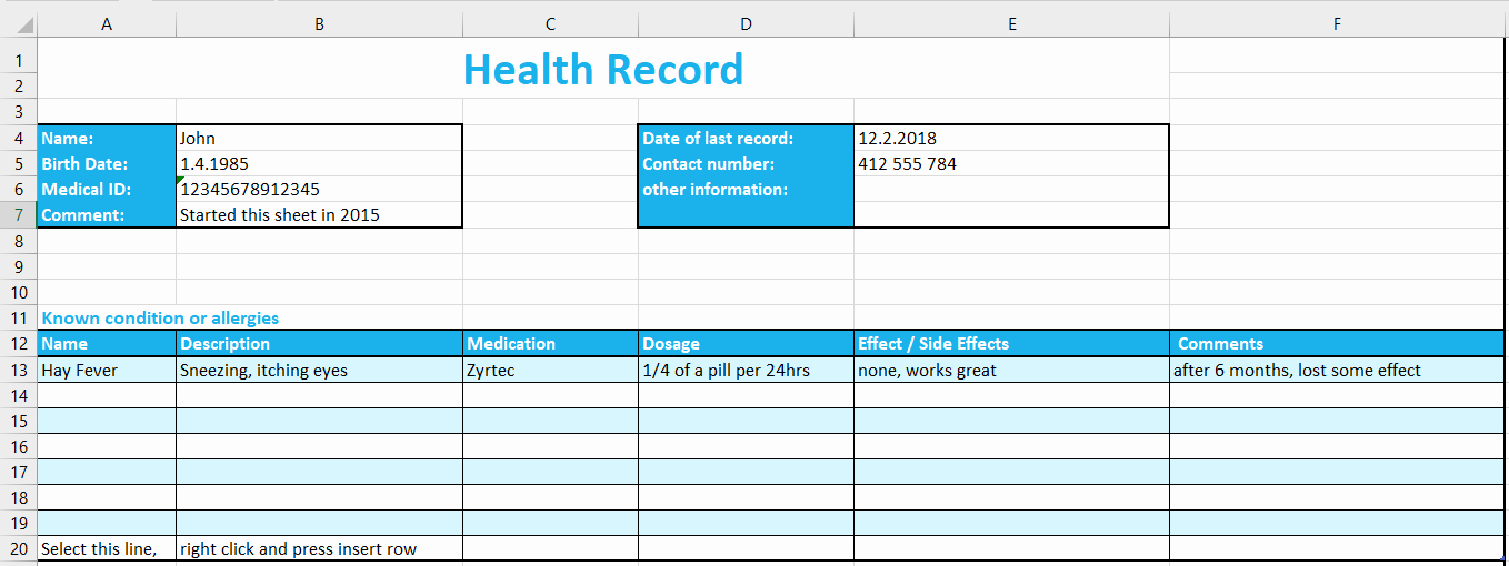 Personal Information Template Excel Unique Excel Health Record Tracking Log Template by Excelmadeeasy