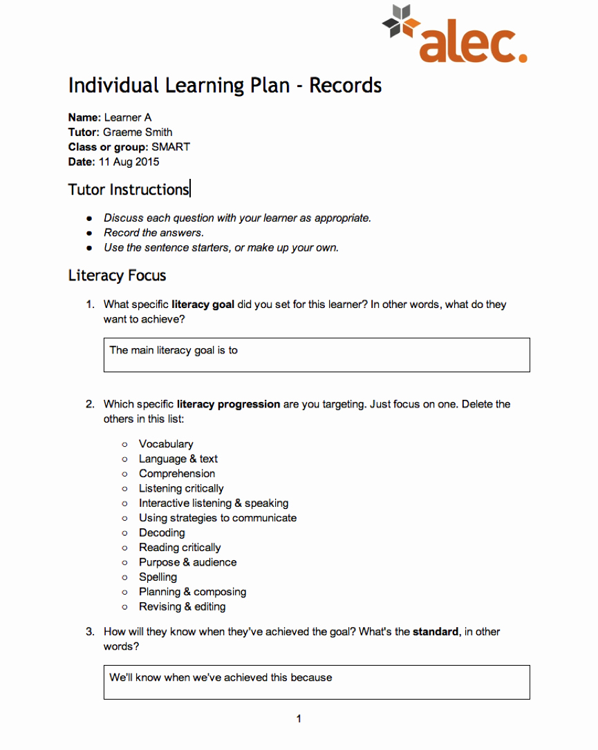 Personal Learning Plan Example Elegant Embedded Literacy Numeracy