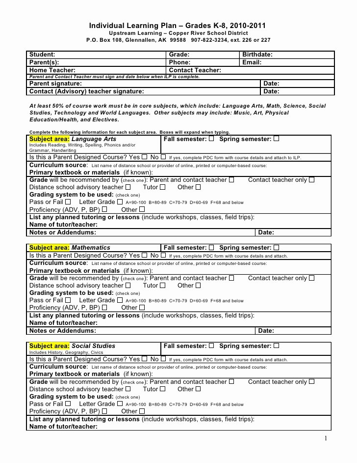 Personal Learning Plan Template Beautiful Individual Learning Plan – Grades K 8 2010 2011