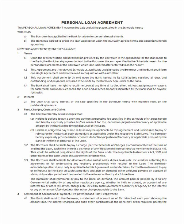 Personal Loan Agreement Template Unique Loan Agreement form Example 65 Free Documents In Word Pdf