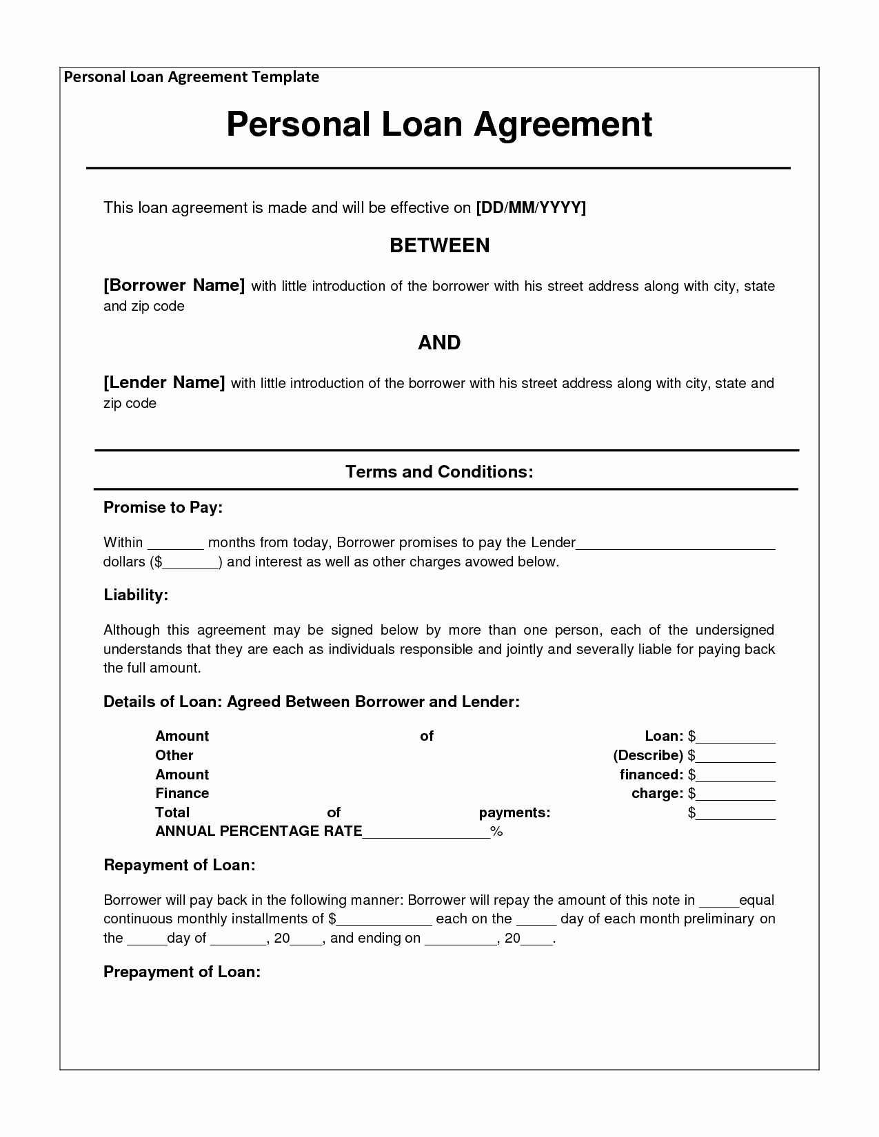 Personal Loan Application form Template Elegant Free Personal Loan Agreement form Template $1000