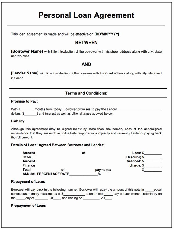 Personal Loan form Template Unique Personal Loan Agreement