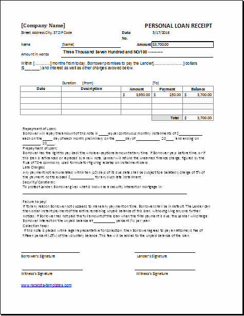 Personal Loan forms Template Beautiful Personal Loan Receipt Template for Excel