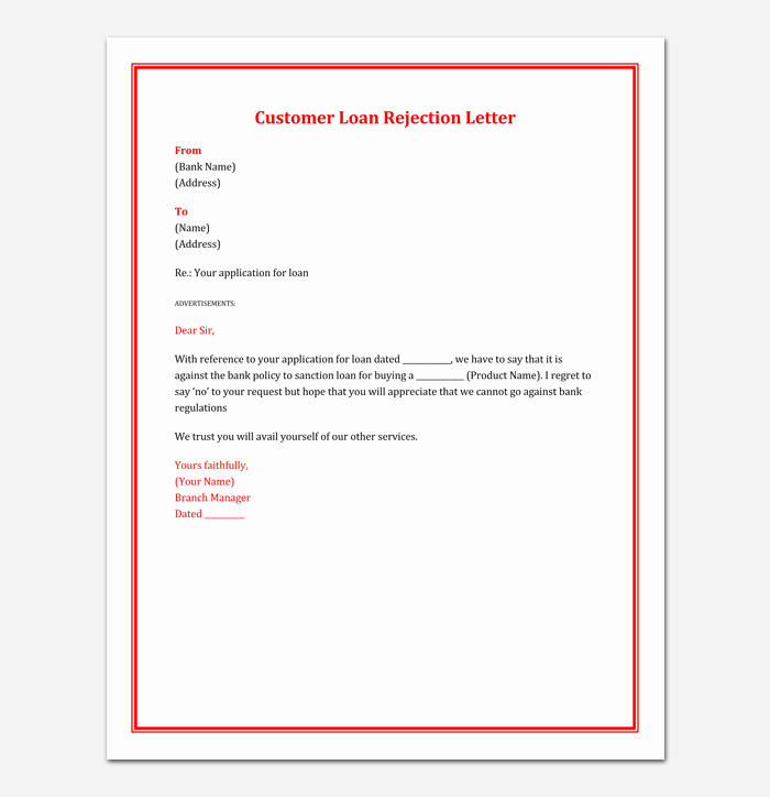 Personal Loan Letter format Inspirational Loan Rejection Letter Template 10 Samples &amp; Examples