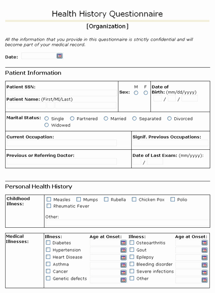Personal Medical History form Template Beautiful Health History Questionnaire with Free form List for