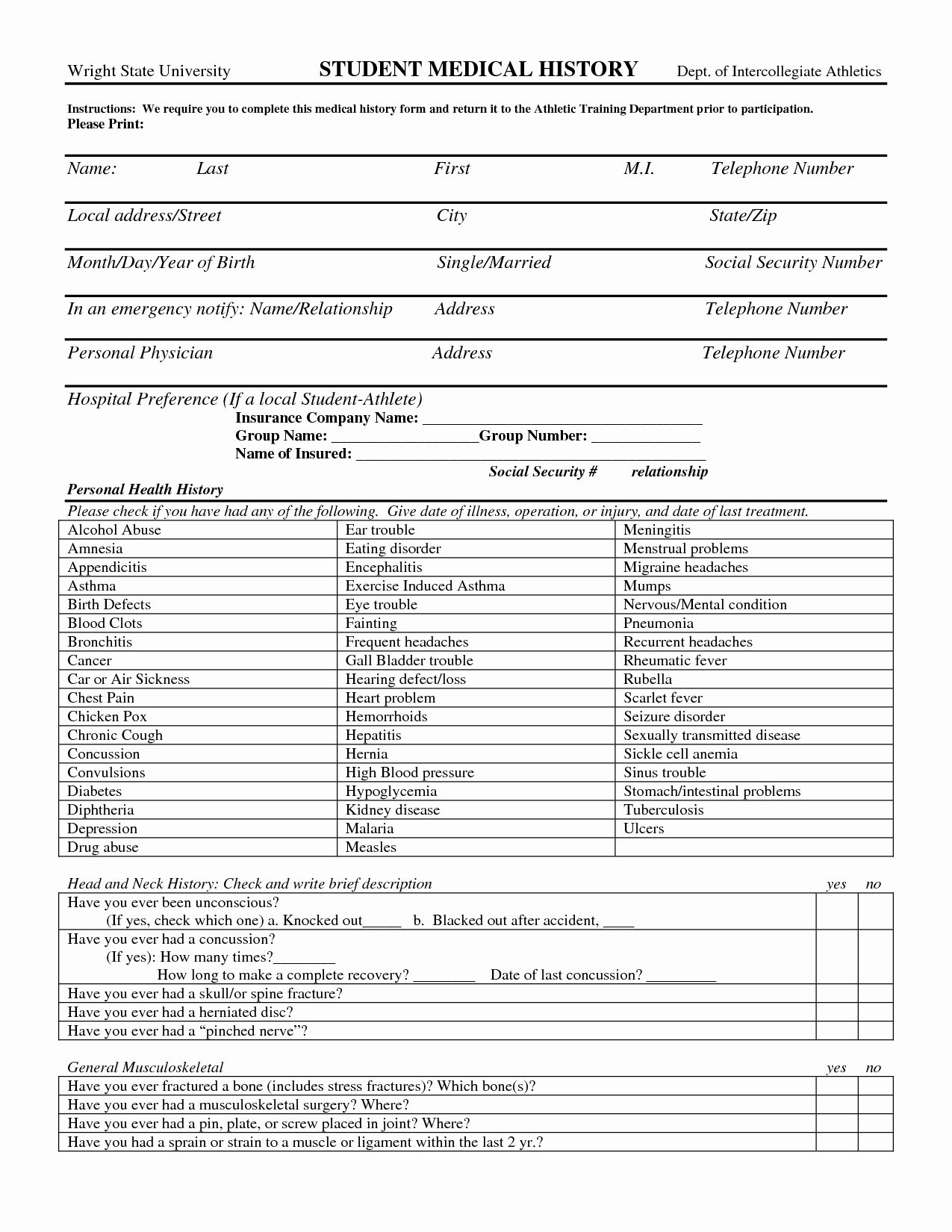 Personal Medical History form Template New 7 Best Of Plete Medical History form Printable