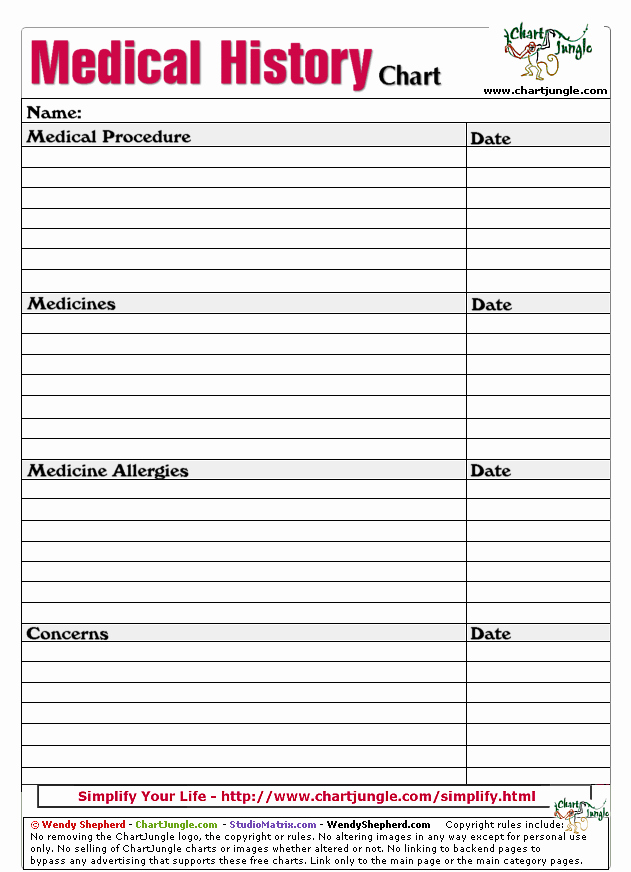 Personal Medical History form Template Unique Medical History Printable