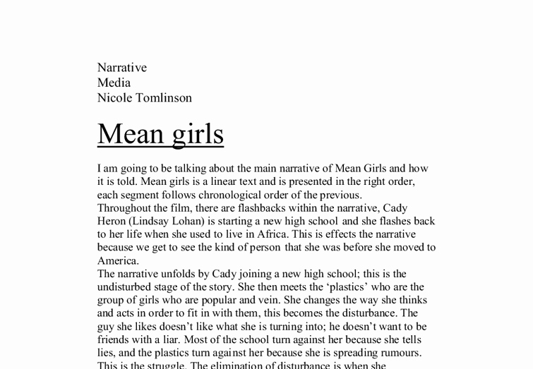 Personal Narrative Examples College Awesome Mean Girls Narrative Essay A Level Media Stu S