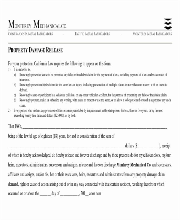 Personal Property Release form Template New Sample Property Damage Release form 9 Examples In Word Pdf