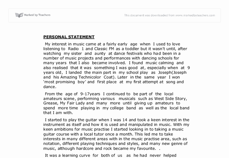 Personal Statement About Yourself Example New Personal Statement to Study Music A Level Miscellaneous