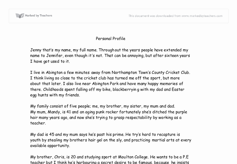 Personality Profile Essay Examples Unique Personal Profile Gcse English Marked by Teachers