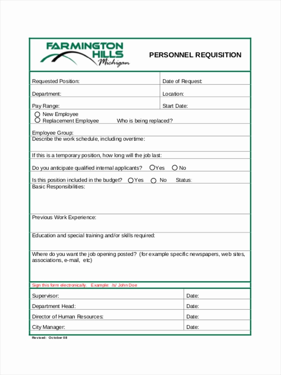 Personnel Requisition form Sample Beautiful Personnel Requisition forms 6 Free Documents In Word Pdf