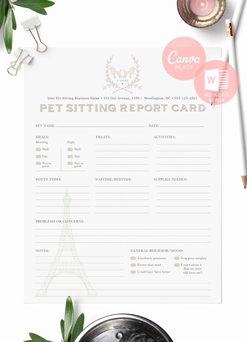 Pet Report Card Template Unique French themed Pet Sitting Report Cards