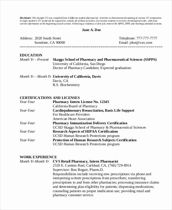 Pharmacist Resume Templates Beautiful 9 Pharmacist Curriculum Vitae Templates Pdf Doc