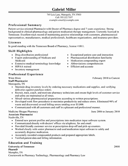 Pharmacist Resume Templates Beautiful Best Pharmacist Resume Example