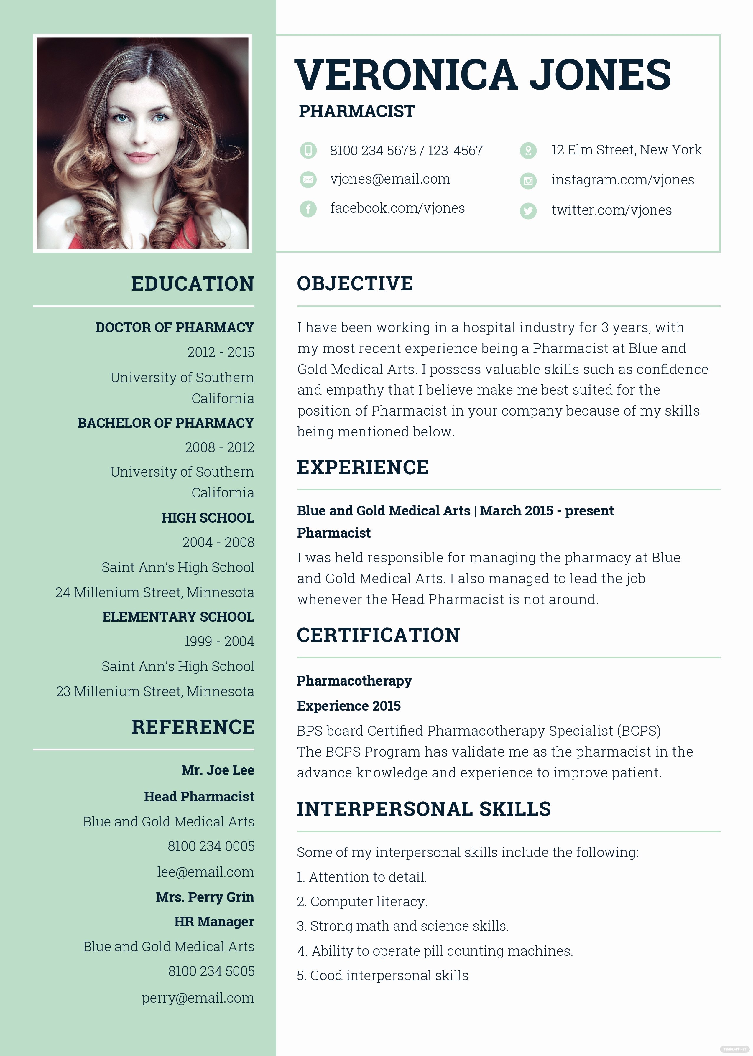 Pharmacist Resume Templates Beautiful Free Basic Pharmacist Resume and Cv Template In Adobe