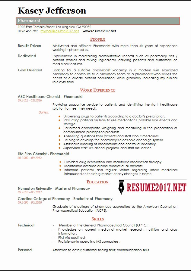 Pharmacist Resume Templates Lovely Pharmacist Resume 2017 Templates