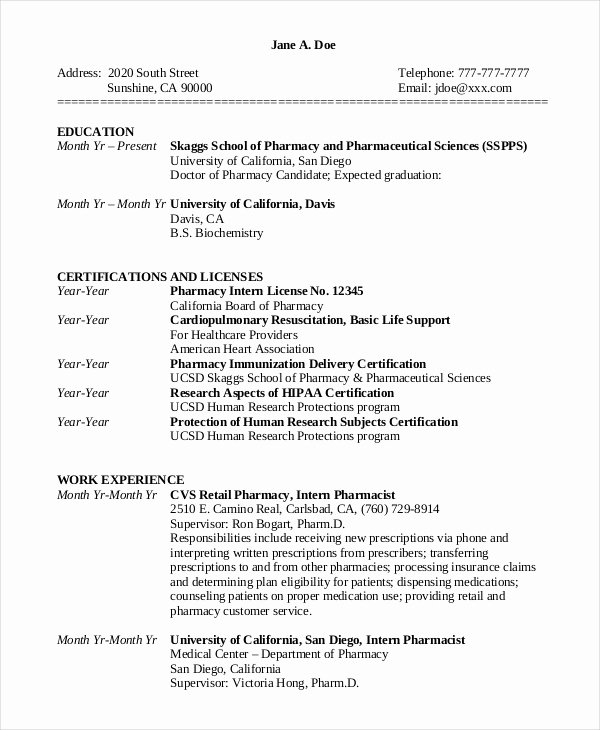 Pharmacist Resume Templates Luxury Pharmacist Resume Template 6 Free Word Pdf Document