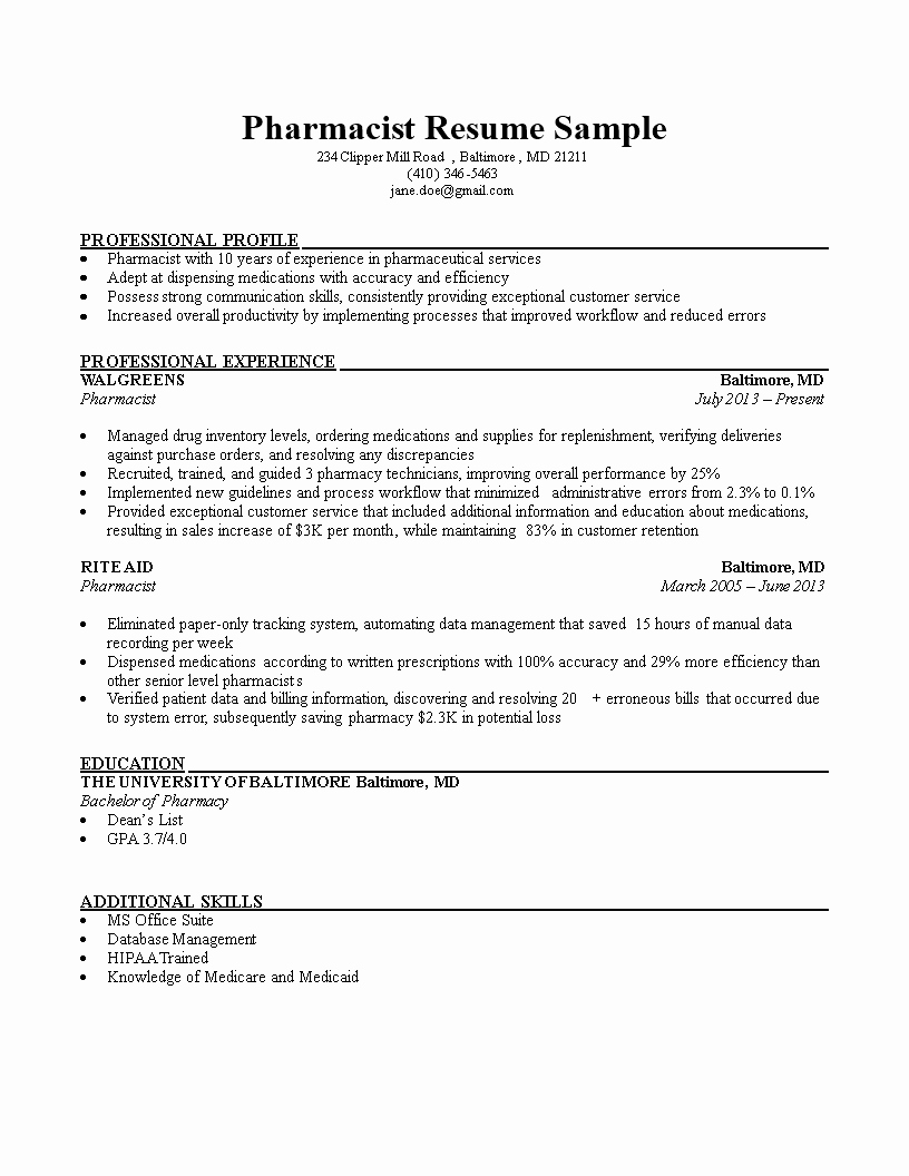 Pharmacist Resume Templates Unique Free Pharmacist Resume Sample