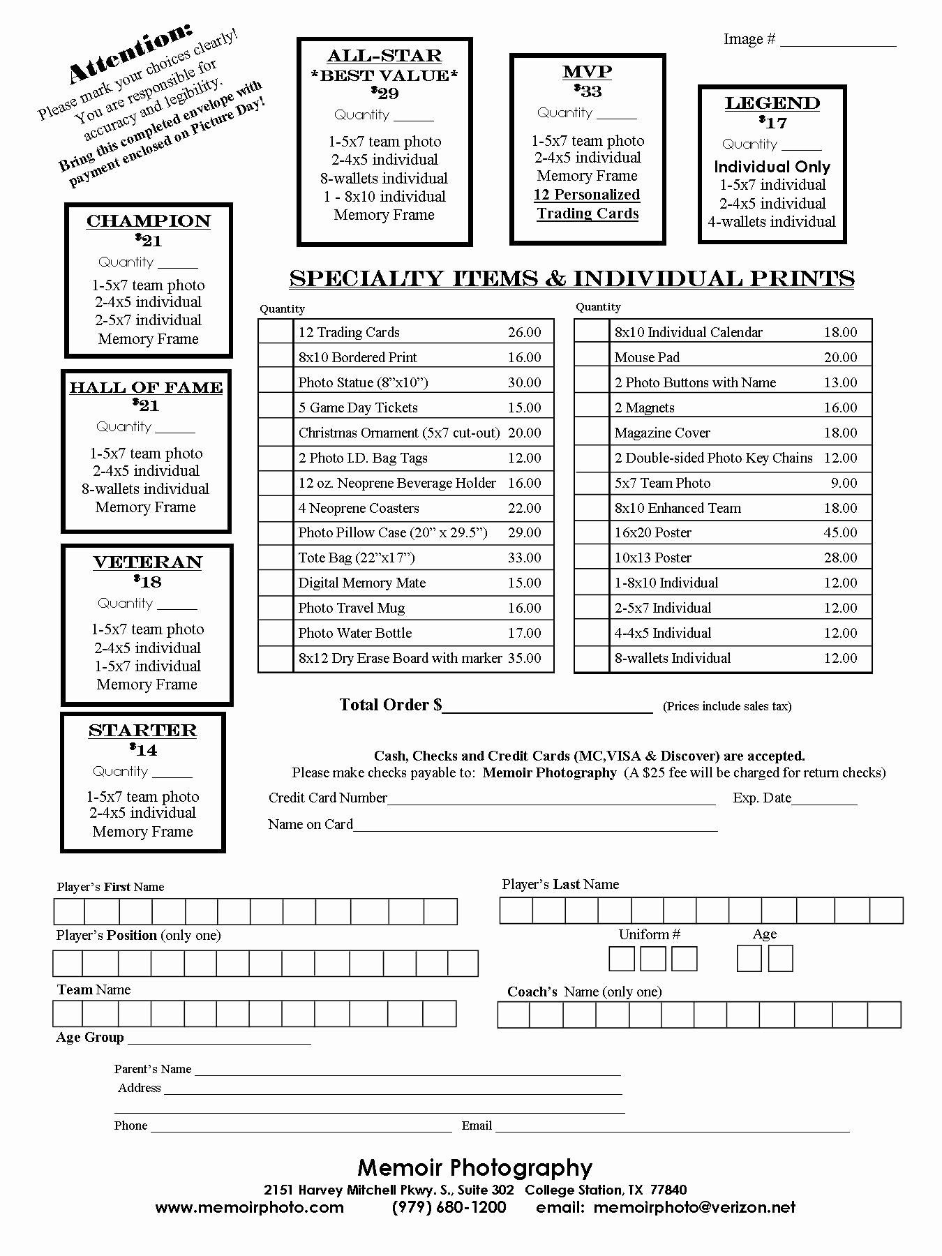 Photography order form Template Free Fresh Youth Sports Photography order form
