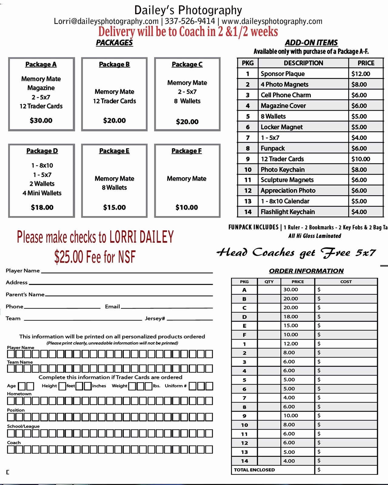 Photography order form Template Free Lovely Youth Sports Photography order form