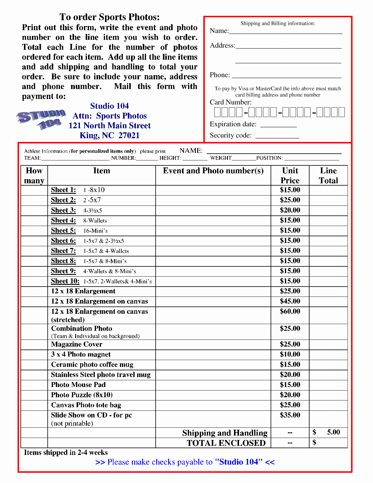 Photography order form Template Free Luxury Studio 104 Sports order form