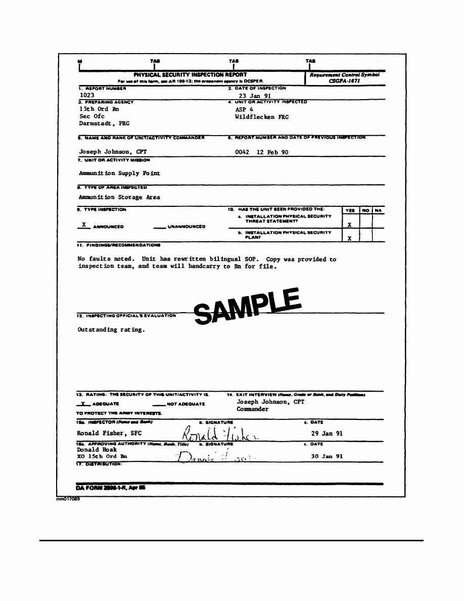 Physical Security Inspection Checklist Inspirational Figure 3 6 An Example Of A Pleted Da form 2806 1 R