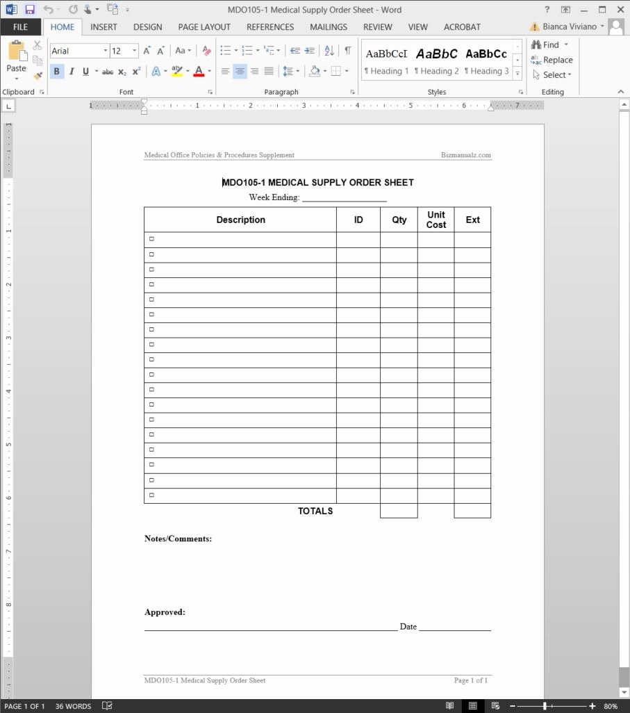 Physician order forms Templates Fresh Medical Supply order Worksheet Template