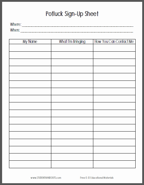 Picnic Sign Up Sheet Template Elegant Potluck Sign Up Sheet Free to Print