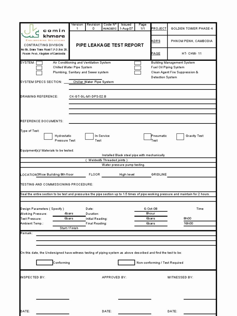 Plumbers Report Template Best Of 11 Hydrostatic Test Leakage Main Chilled Water Pipe Report