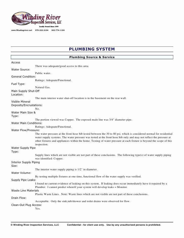 Plumbers Report Template Fresh Sample Residential Inspection Report